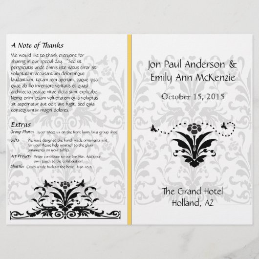 Yellow Bumble bee Damask Wedding Programme (Voorkant)