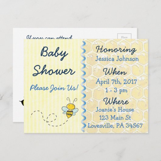 Yellow Bumblebee Baby shower Invitation Uitnodiging Briefkaart (Voorkant / Achterkant)