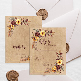 Yellow & Burgundy Floral Autumn Fall Wedding RSVP Kaartje
