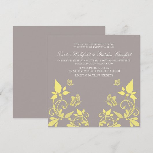 Yellow Butterfly Floral Wedding Invite Kaart (Voorkant / Achterkant)