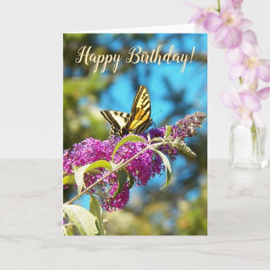 Yellow Butterfly on Pink Flowers Birthday Kaart (Orchidee)