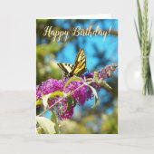 Yellow Butterfly on Pink Flowers Birthday Kaart (Voorkant)