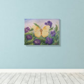 Yellow Butterfly With Flowers Canvas Afdruk (Insitu (Houten vloer))