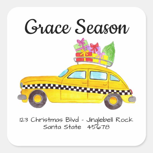 Yellow Cab New York Taxi with Christmas Gifts Vierkante Sticker (Voorkant)