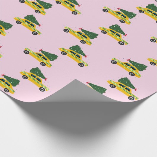 Yellow Cab Taxi Fir Tree Pattern roze Christmasr Cadeaupapier (Hoek)