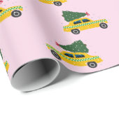 Yellow Cab Taxi Fir Tree Pattern roze Christmasr Cadeaupapier (Rol Hoek)