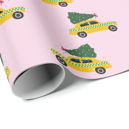 Yellow Cab Taxi Fir Tree Pattern roze Christmasr Cadeaupapier (Rol Hoek)