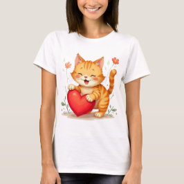 Yellow Cat Holding Red Heart Women T-Shirt