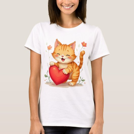 Yellow Cat Holding Red Heart Women T-Shirt (Voorkant)