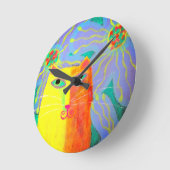 Yellow Cat met bloemen Abstracte kunst Ronde Klok (Hoek)