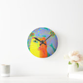 Yellow Cat met bloemen Abstracte kunst Ronde Klok (Huis)