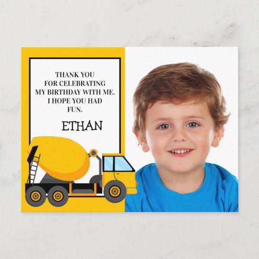 Yellow Cement Truck Birthday Foto bedankt Briefkaart (Voorkant)