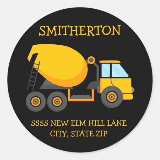Yellow Cement Truck Child's Birthday Party Address Ronde Sticker (Voorkant)