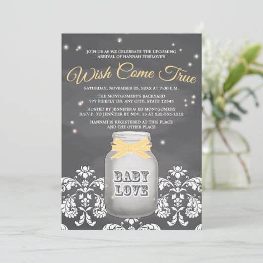 YELLOW Chalkboard Firefly Mason Jar Baby shower Kaart (Staand voorkant)