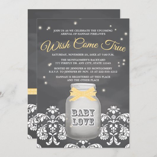 YELLOW Chalkboard Firefly Mason Jar Baby shower Kaart (Voorkant / Achterkant)