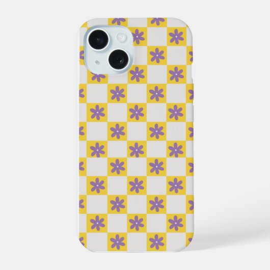 Yellow Checkerboard Floral Pattern – Purple Daisy iPhone 15 Case (Achterkant)
