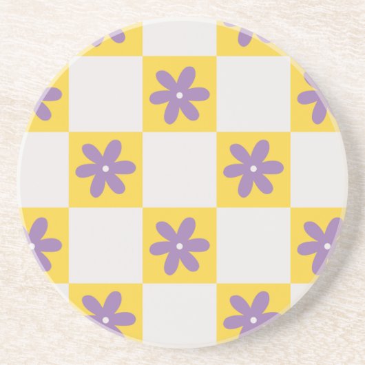 Yellow Checkerboard Floral Pattern – Purple Daisy  Zandsteen Onderzetter (Voorkant)