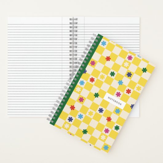 Yellow Checkerboard Pattern Stars Flowers Notebook Notitieboek (Binnen)