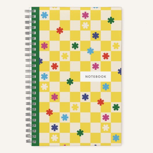 Yellow Checkerboard Pattern Stars Flowers Notebook Notitieboek (Voorkant)