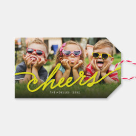 Yellow Cheers Calligraphy Script Photo Holiday Cadeaulabel