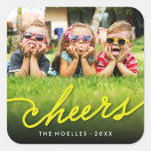 Yellow Cheers Calligraphy Script Photo Holiday Vierkante Sticker (Voorkant)
