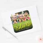 Yellow Cheers Calligraphy Script Photo Holiday Vierkante Sticker (Envelop)
