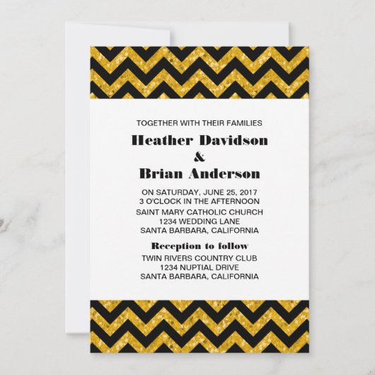 Yellow Chevron Glitter Wedding Invite Kaart (Voorkant)