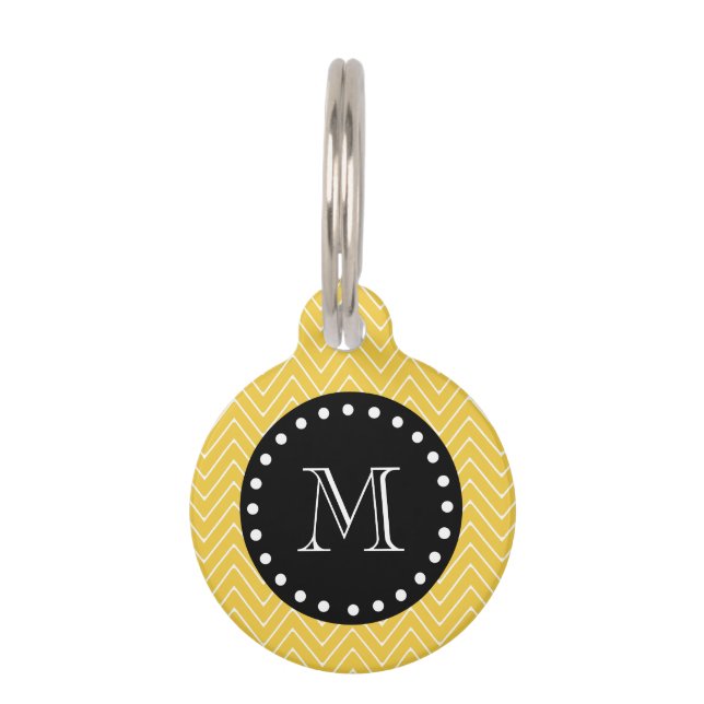 Yellow Chevron Pattern | Zwart monogram Huisdierpenning (Voorkant)