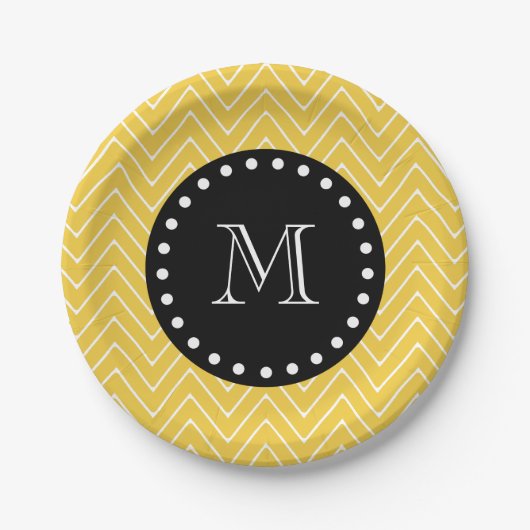 Yellow Chevron Pattern | Zwart monogram Papieren Bordje (Voorkant)
