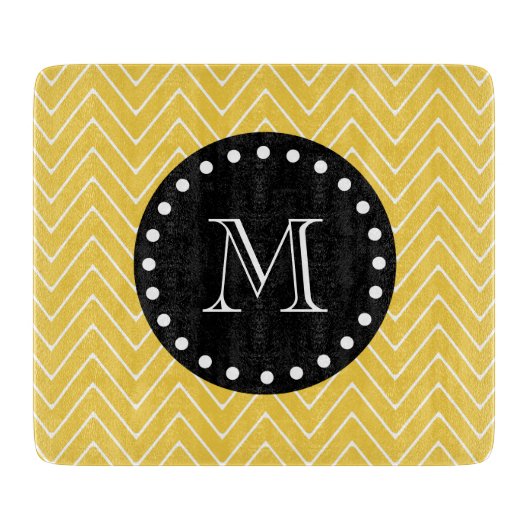 Yellow Chevron Pattern | Zwart monogram Snijplank (Voorkant)