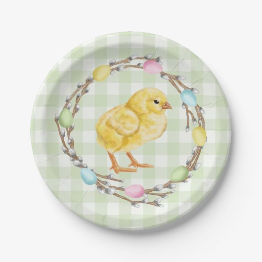 Yellow Chick And Pastel Willow Wreath Easter Papieren Bordje (Voorkant)