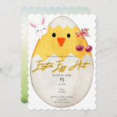 Yellow Chick Easter Egg Hunt Bunny Cherry Bow Kaart (Voorkant / Achterkant)