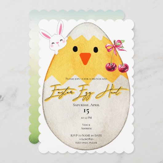Yellow Chick Easter Egg Hunt Bunny Cherry Bow Kaart (Voorkant / Achterkant)