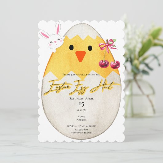 Yellow Chick Easter Egg Hunt Bunny Cherry Bow Kaart (Staand voorkant)