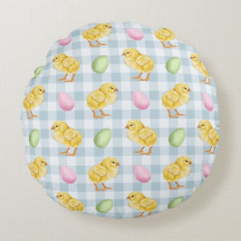 Yellow Chicks And Eggs On Blue Gingham Pattern Rond Kussen