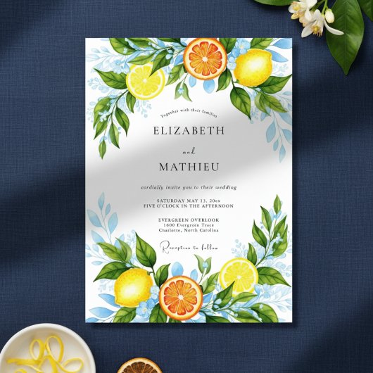 Yellow Citrus Botanical Romance Wedding Kaart