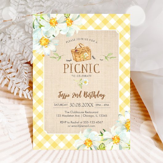 Yellow Classic Picnic Birthday Invitation Kaart