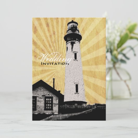 Yellow Coastal Nautical Lighthouse Wedding Kaart (Staand voorkant)