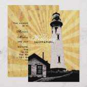 Yellow Coastal Nautical Lighthouse Wedding Kaart (Voorkant / Achterkant)