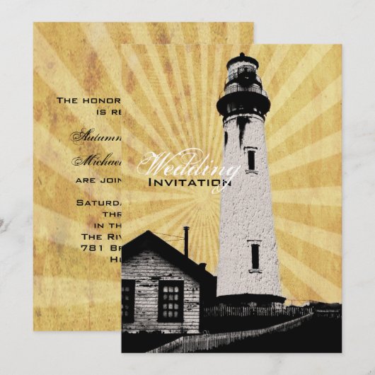 Yellow Coastal Nautical Lighthouse Wedding Kaart (Voorkant / Achterkant)