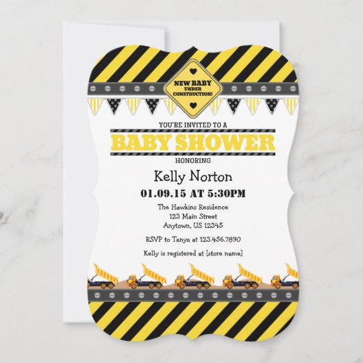 Yellow Construction Baby shower Invitation Kaart (Voorkant)