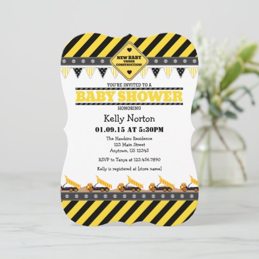 Yellow Construction Baby shower Invitation Kaart (Staand voorkant)