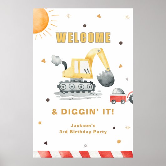 Yellow Construction Digger Brithday Party Welcome Poster (Voorkant)
