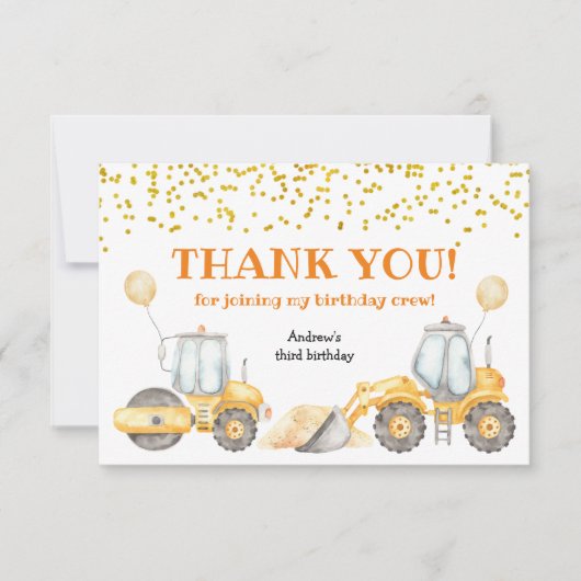 Yellow Construction Truck Birthday Hartelijk dank Bedankkaart (Voorkant)