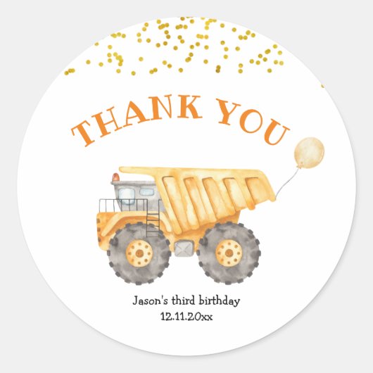 Yellow Construction Truck Birthday Sticker (Voorkant)
