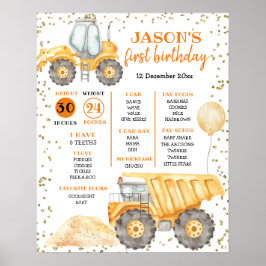 Yellow Construction Truck First Birthday Sign Poster