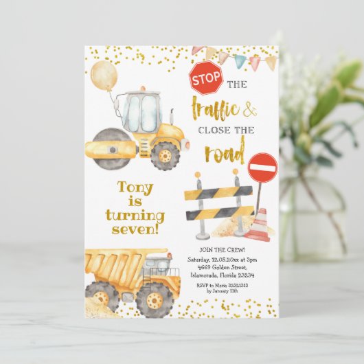Yellow Construction Trucks Birthday Kaart (Staand voorkant)