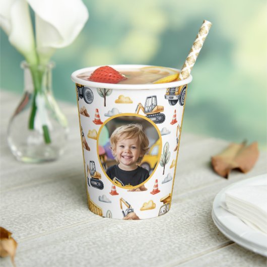 Yellow Construction Trucks Boy Birthday Photo Papieren Bekers (Insitu)