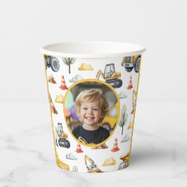 Yellow Construction Trucks Boy Birthday Photo Papieren Bekers