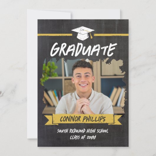 Yellow Cool Chalkboard Afstuderen Foto Aankondiging (Voorkant)